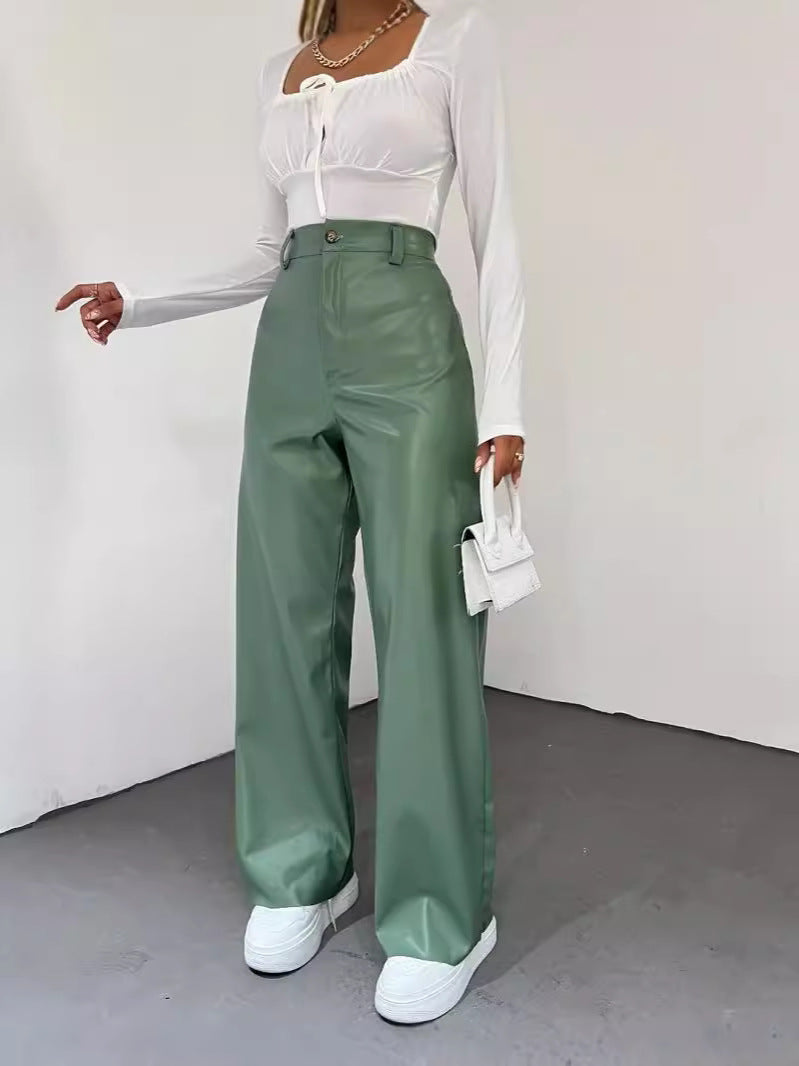 Simple high-waisted straight-leg leather pants