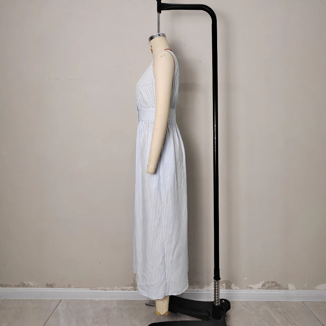 Split V-neck waist striped dress