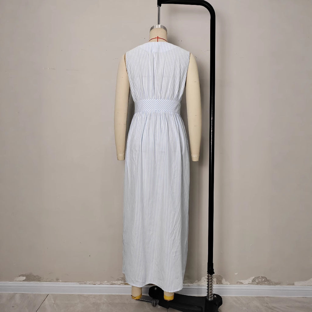 Split V-neck waist striped dress