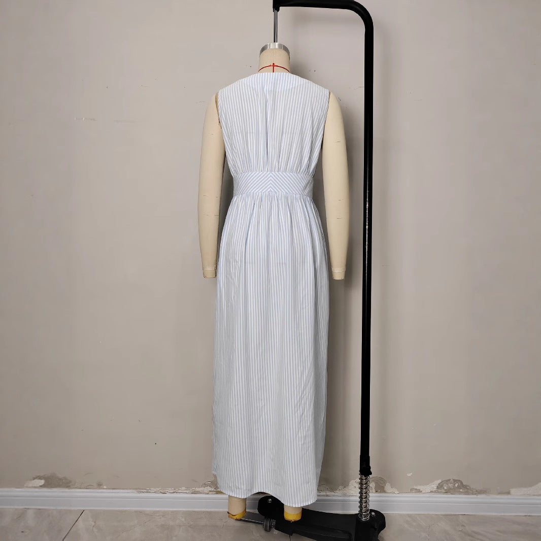 Split V-neck waist striped dress