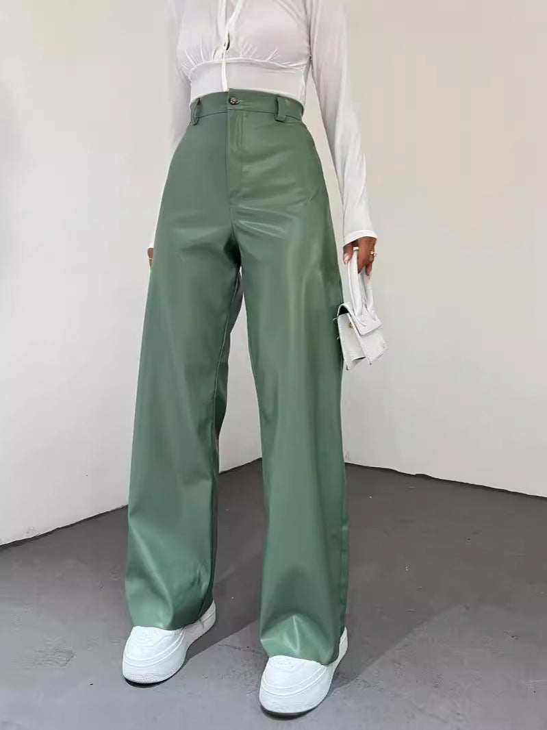 Simple high-waisted straight-leg leather pants
