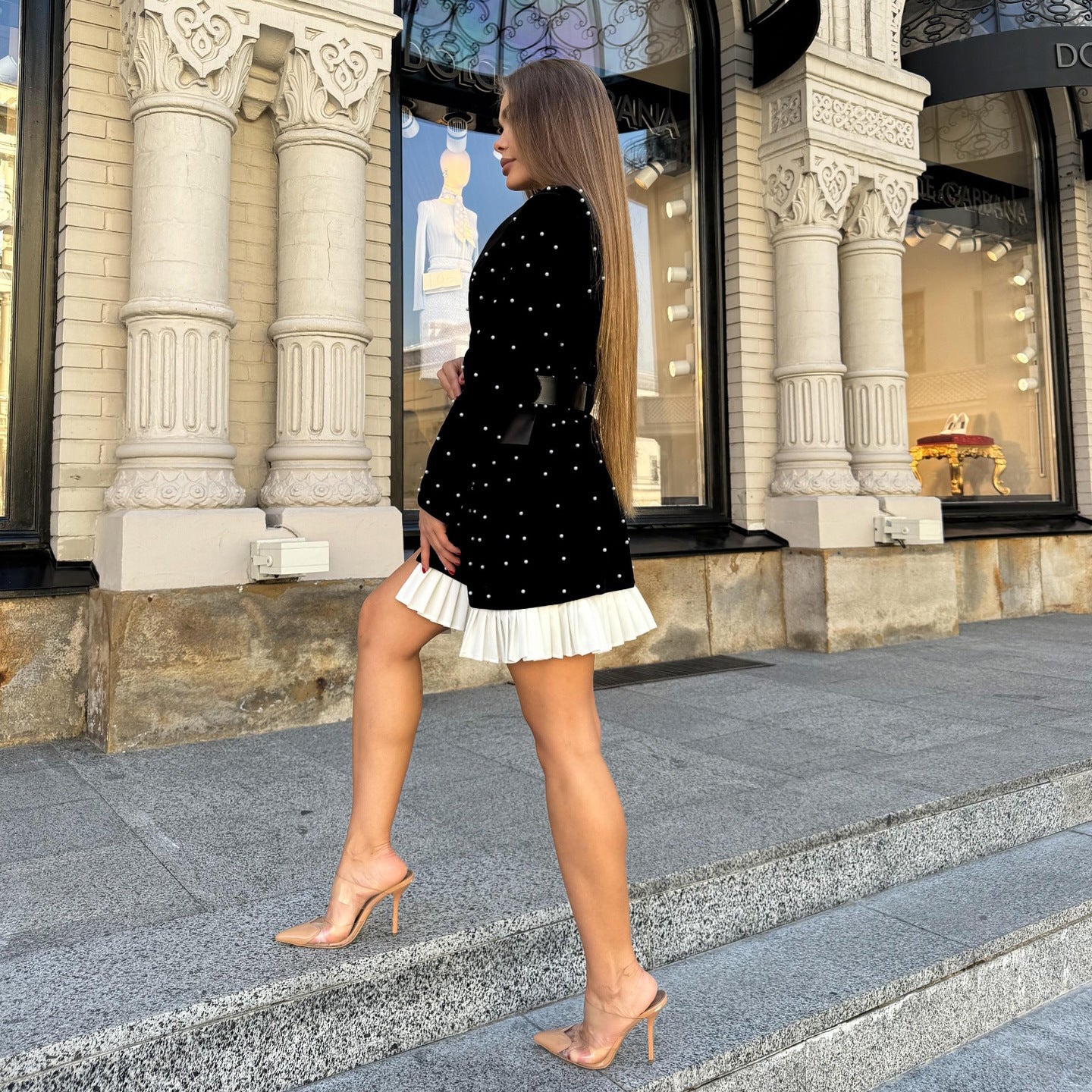 Splicing pearl rivet suit skirt