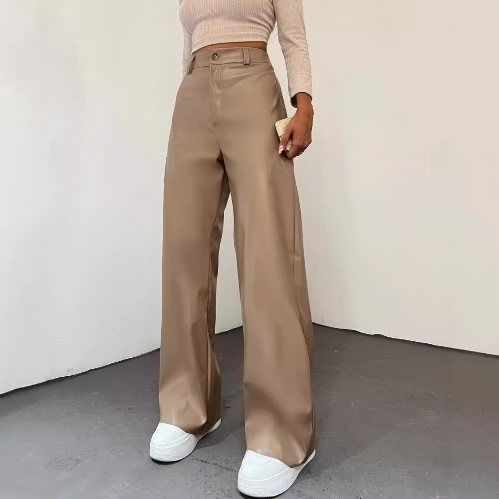 Simple high-waisted straight-leg leather pants