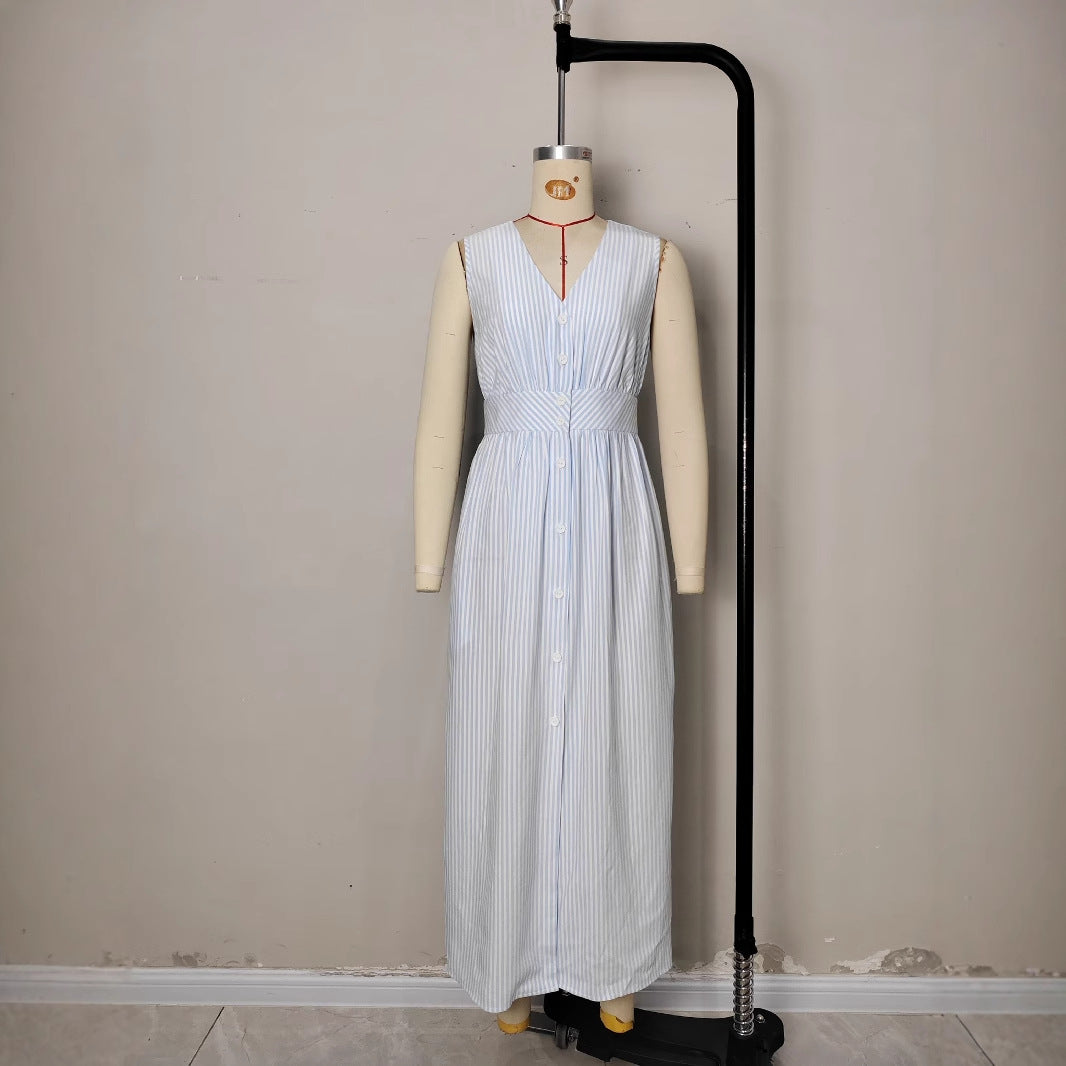 Split V-neck waist striped dress