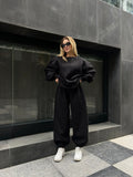 Solid color loose crew neck sweater strap-up trousers cover