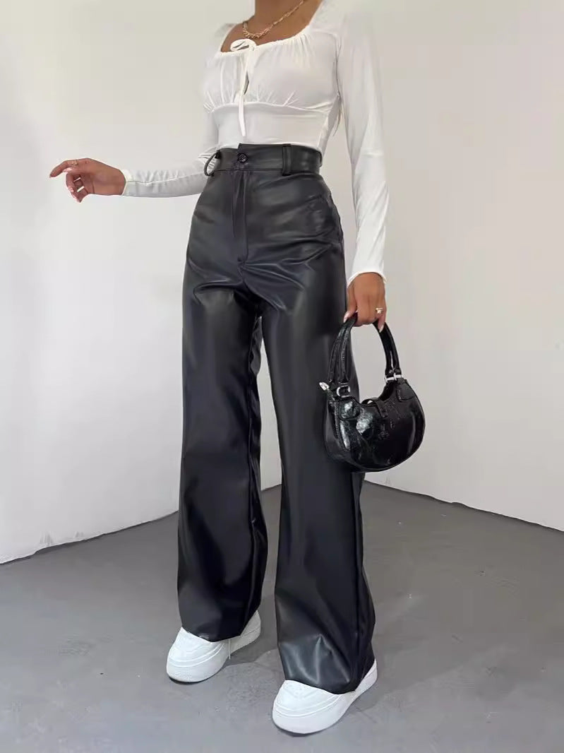 Simple high-waisted straight-leg leather pants