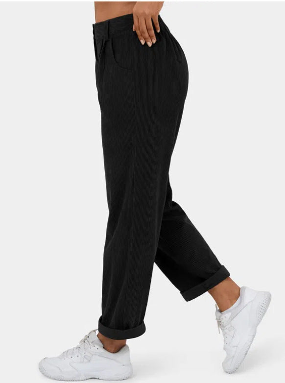 Solid color high waist loose straight trousers