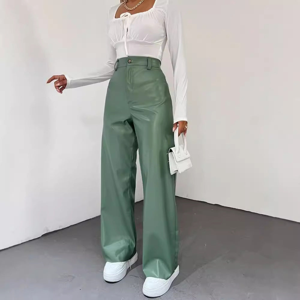 Simple high-waisted straight-leg leather pants