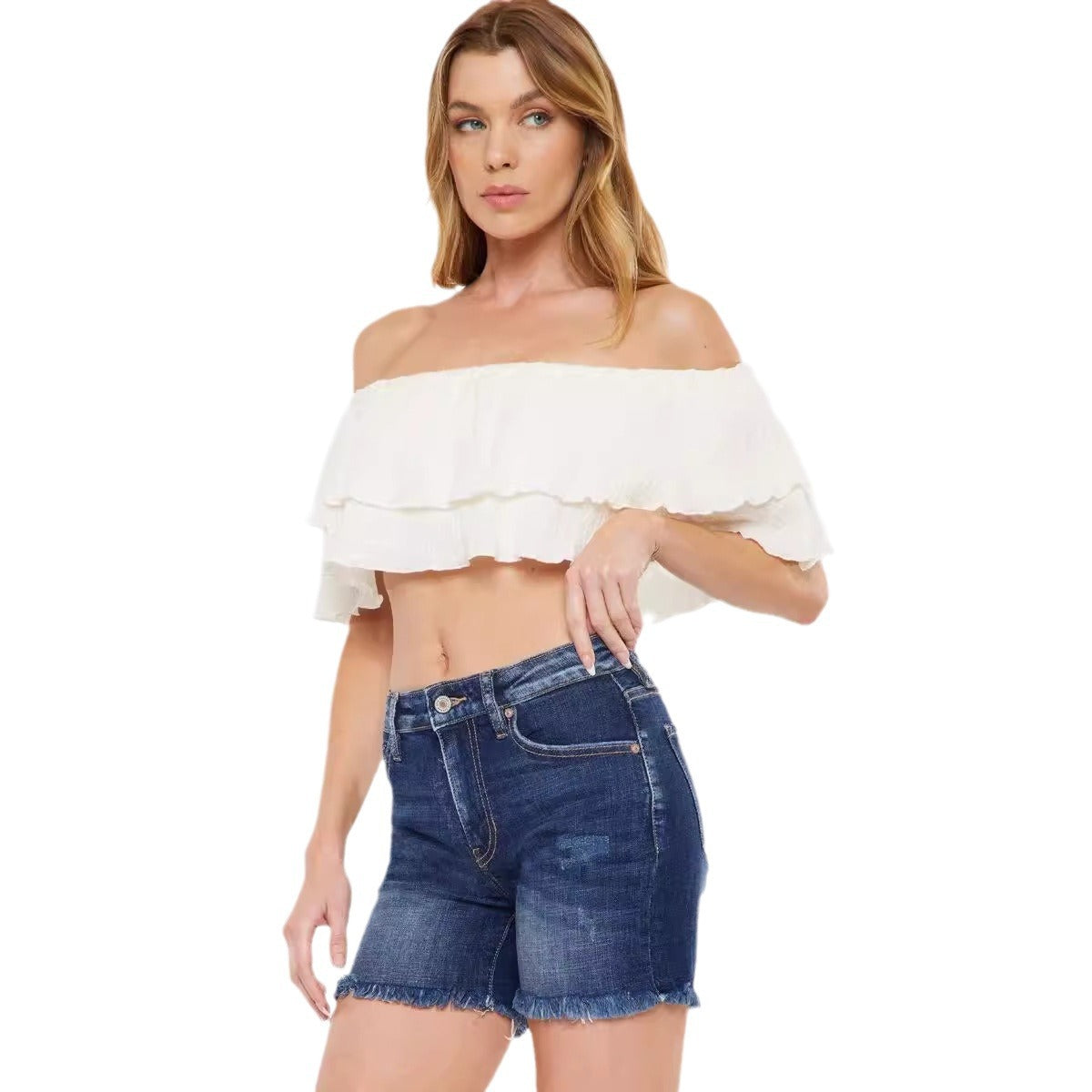 Slim-fit denim ripped denim shorts