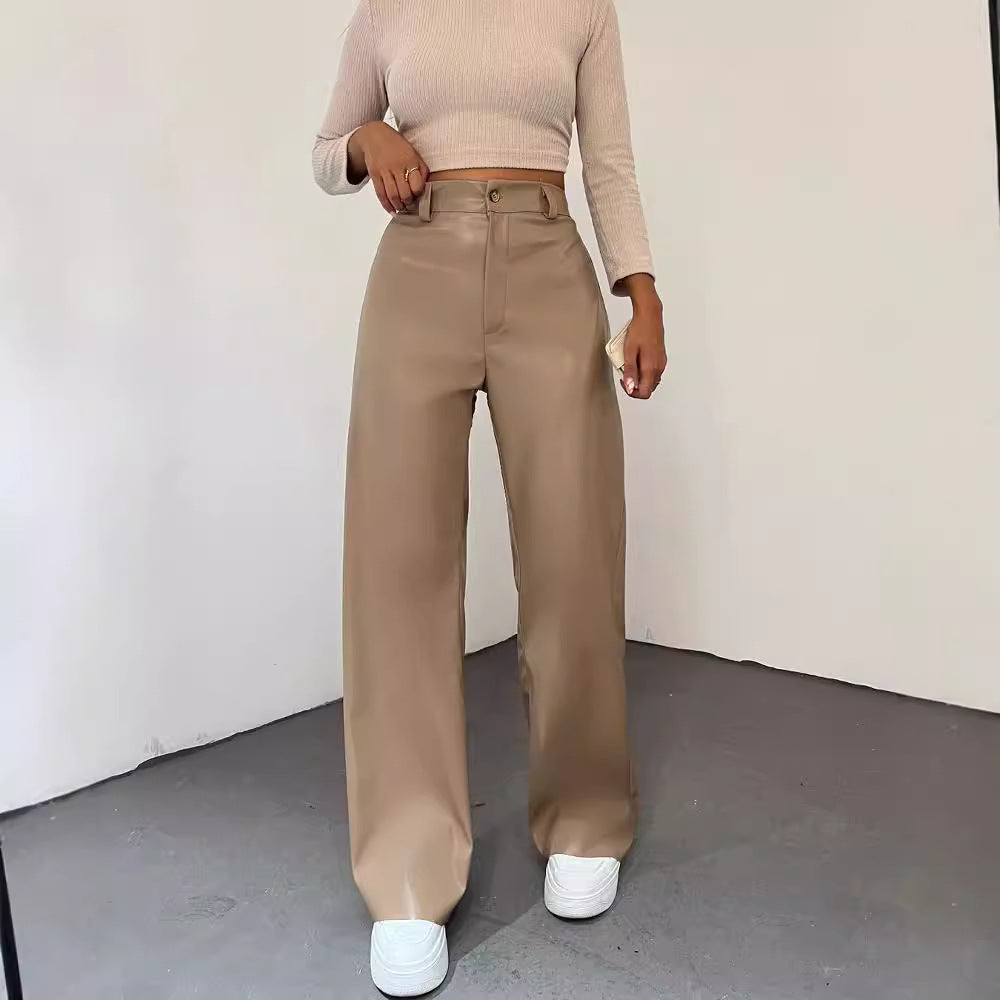 Simple high-waisted straight-leg leather pants