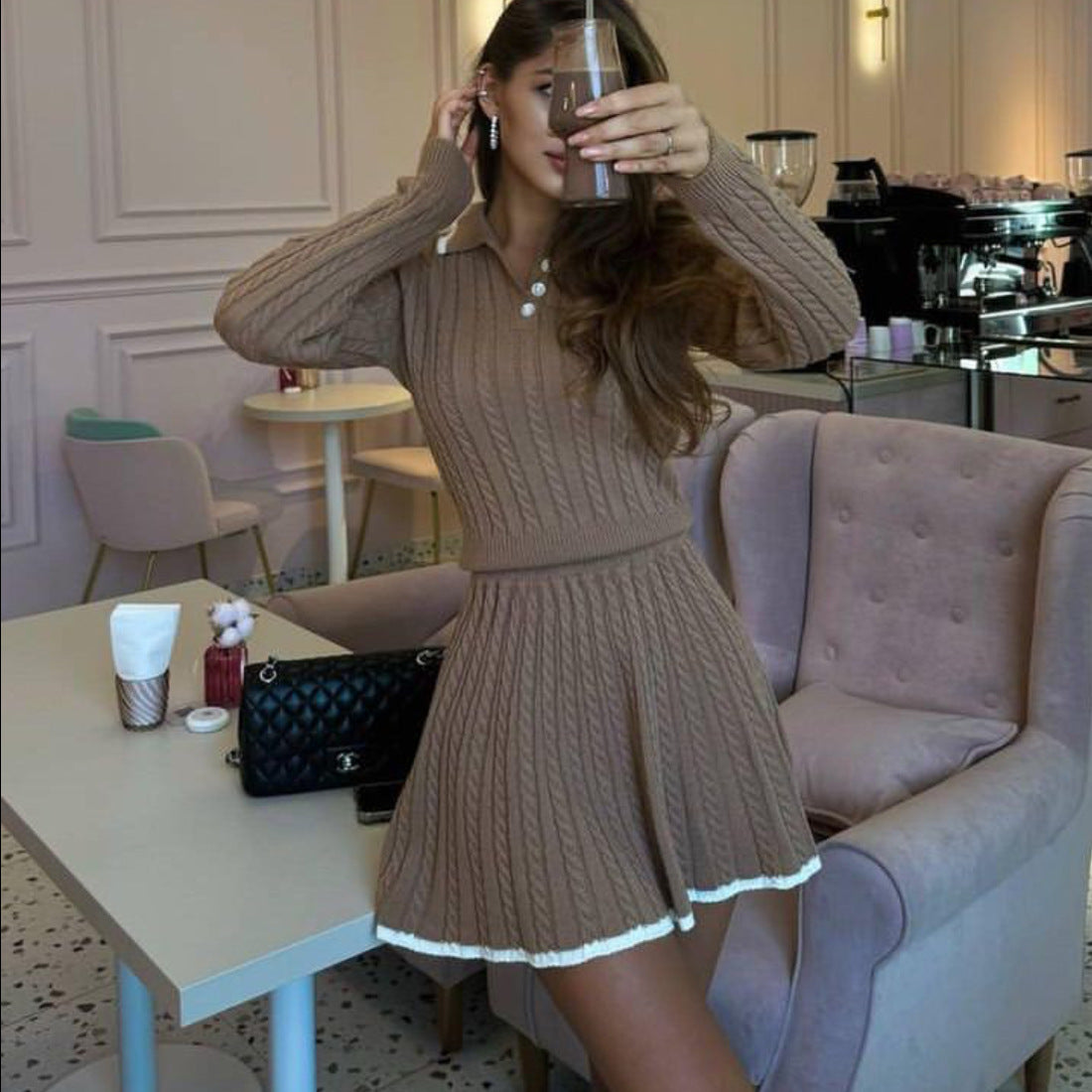 Long-sleeved button-down lapel knitted sweater top + short umbrella skirt