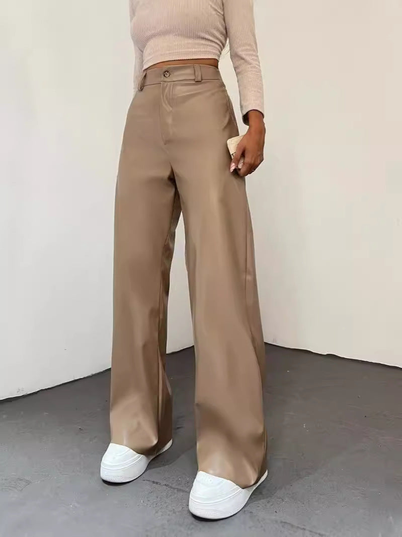 Simple high-waisted straight-leg leather pants