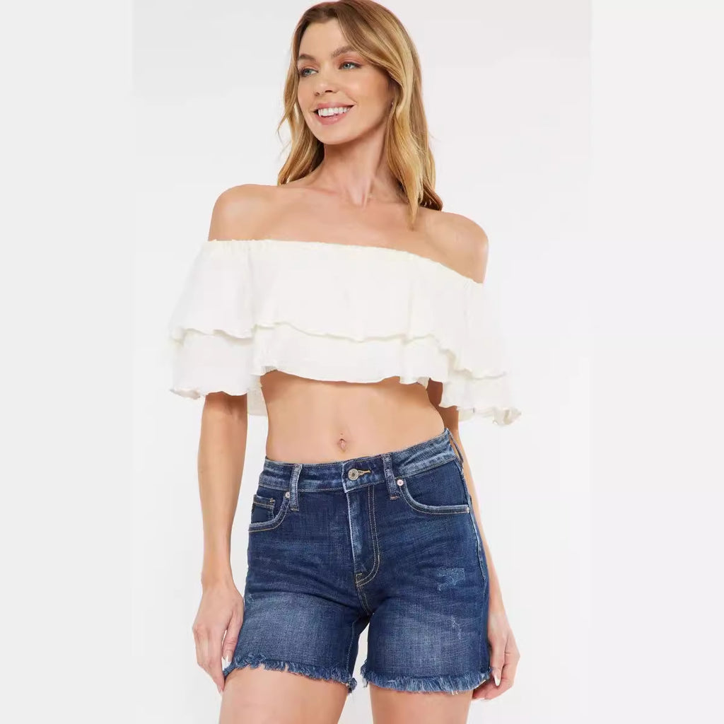 Slim-fit denim ripped denim shorts