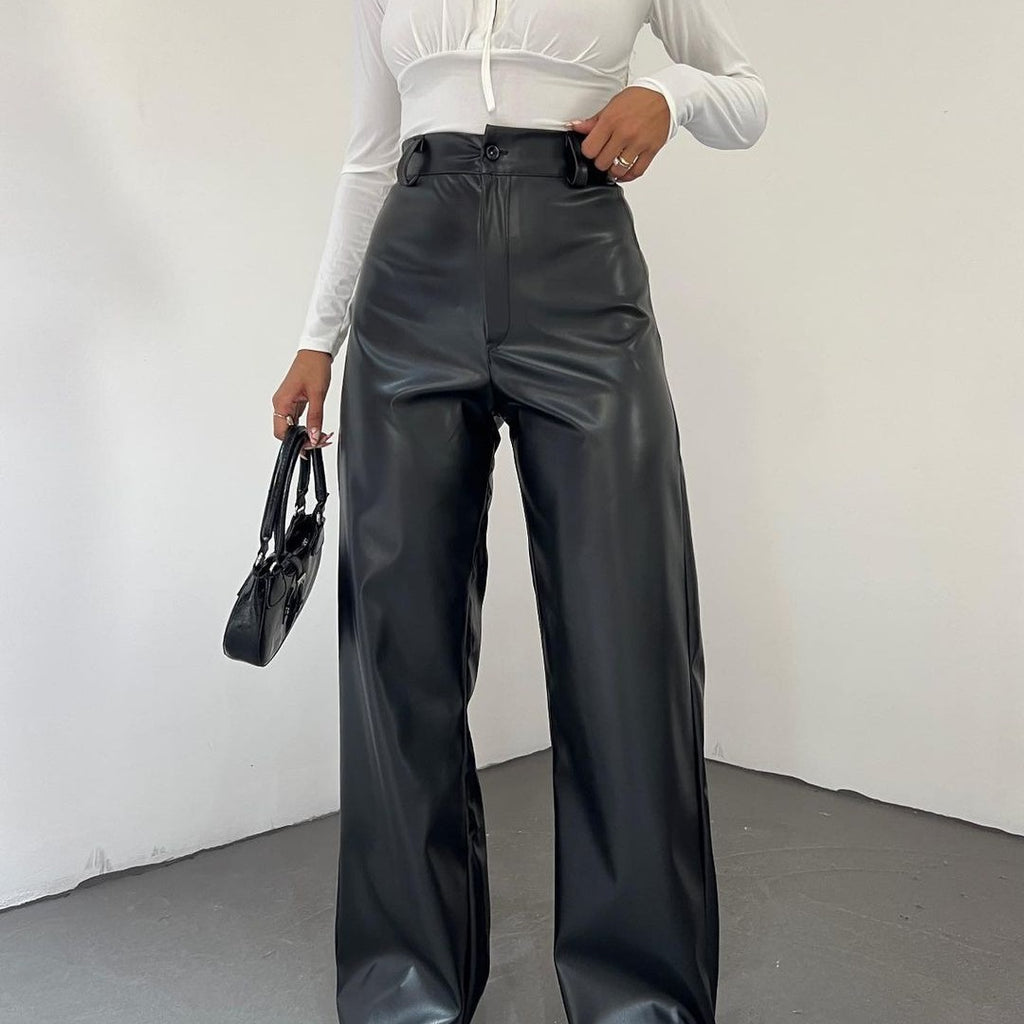 Simple high-waisted straight-leg leather pants