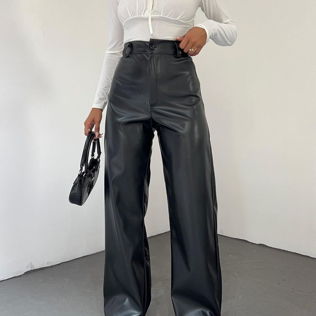 Simple high-waisted straight-leg leather pants