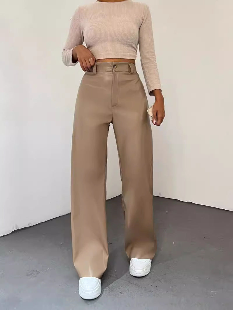 Simple high-waisted straight-leg leather pants
