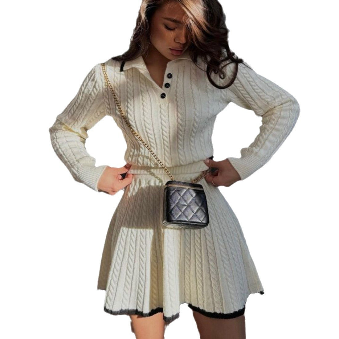 Long-sleeved button-down lapel knitted sweater top + short umbrella skirt