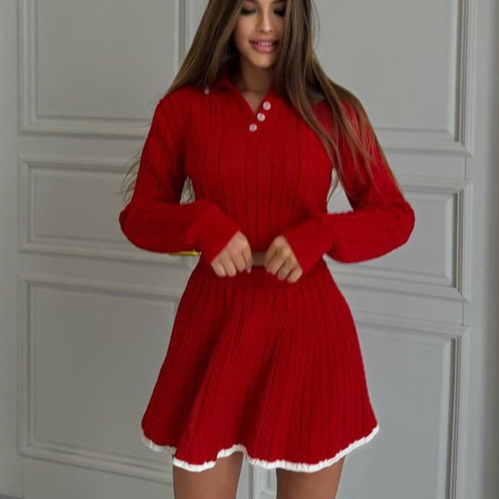Long-sleeved button-down lapel knitted sweater top + short umbrella skirt