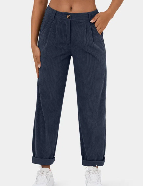 Solid color high waist loose straight trousers