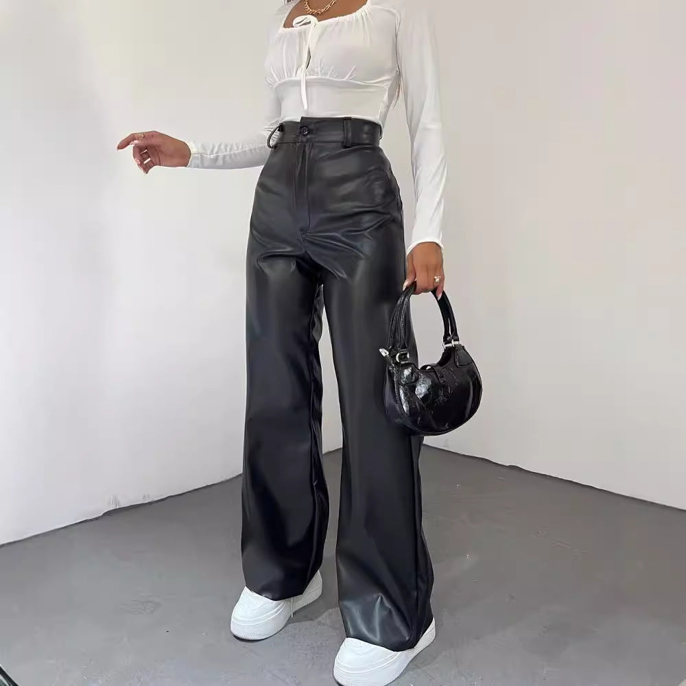 Simple high-waisted straight-leg leather pants